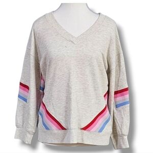 DEMOCRACY | COTTON BLEND CROPPED SLEEVE DOUBLE V NECKLINE SWEATSHIRT PUL…